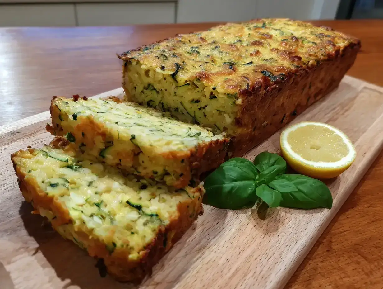 En saftig falsk ostkaka med zucchini, citron och basilika på en skärbräda.