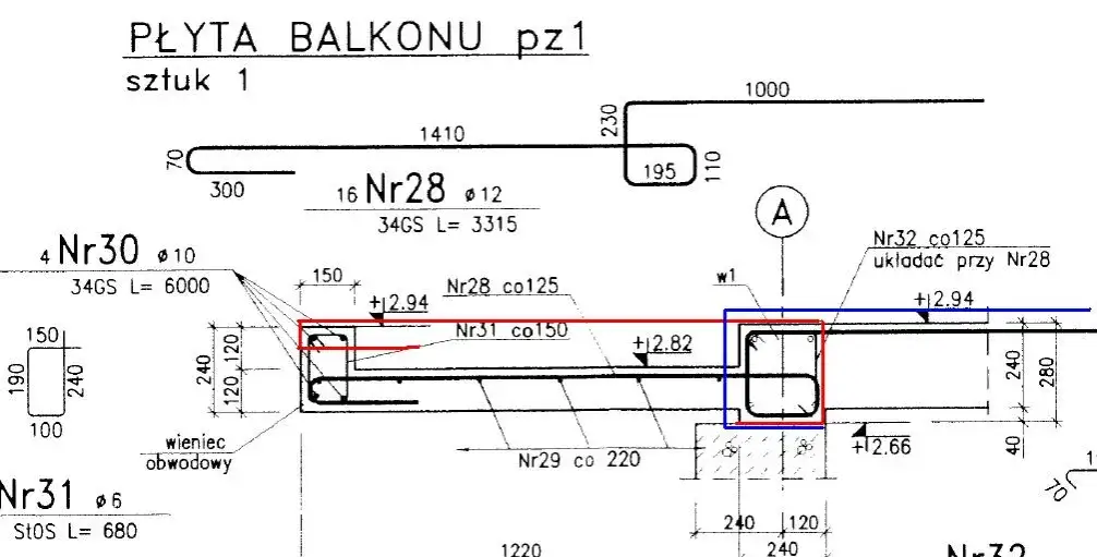 schemat zbrojenia płyty balkonowej, przekrój balkonu z prętami
