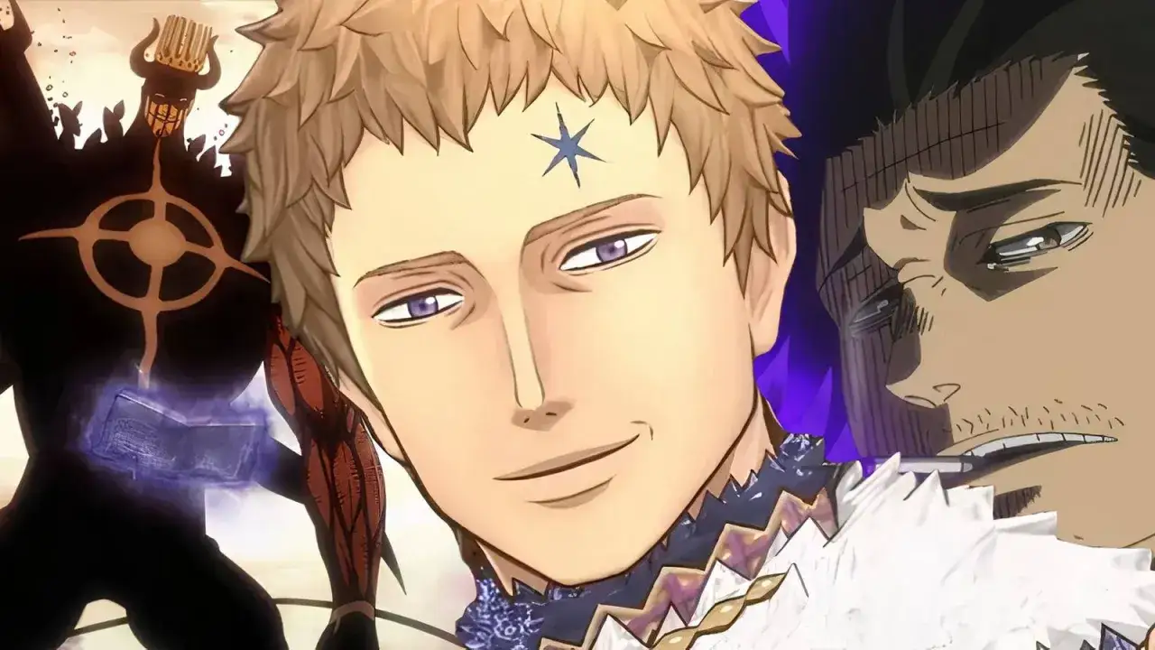 Drei Charaktere aus Black Clover Staffel 5: ein Mann mit Stern auf der Stirn, ein d&uuml;sterer Gegner und ein Mann mit angespanntem Gesichtsausdruck.