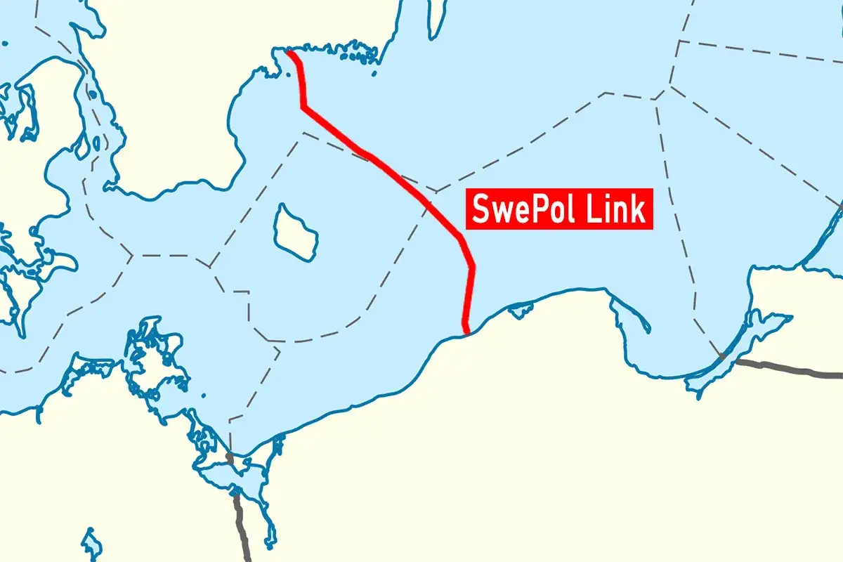 Mapa pokazuje połączenie SwePol Link między Szwecją a Polską.