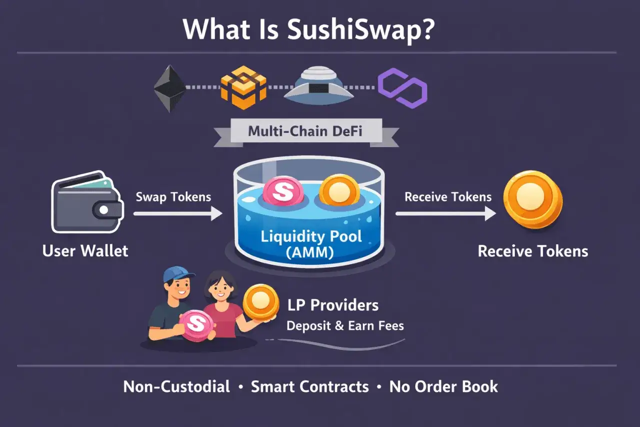 Diagramm erkl&auml;rt, wie man mit dem sushiswap coin Token &uuml;ber eine User Wallet in einen Liquidity Pool tauscht und so Geb&uuml;hren verdient.