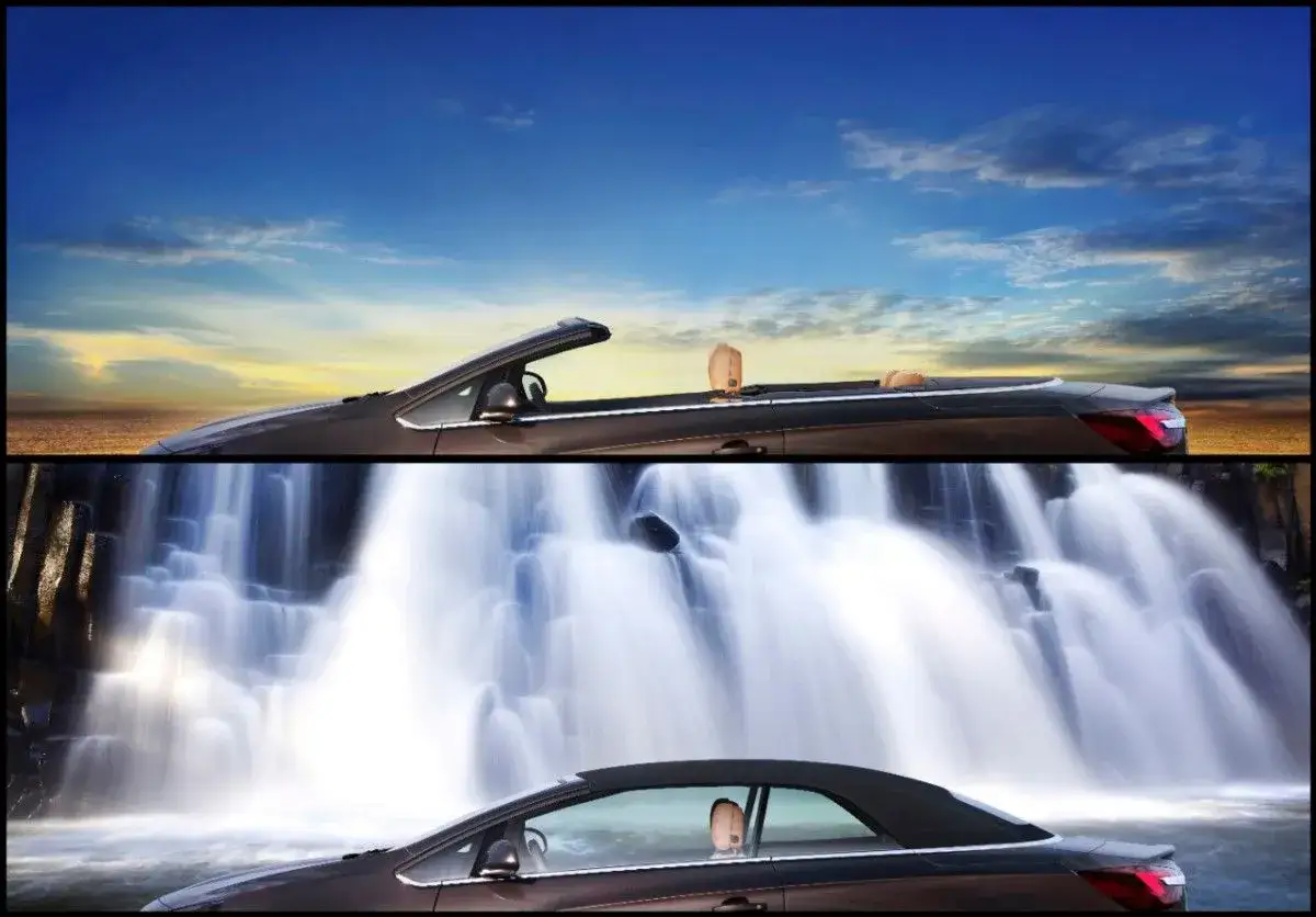 Opel Cascada w dwóch odsłonach: na tle nieba i morza oraz przy wodospadzie.