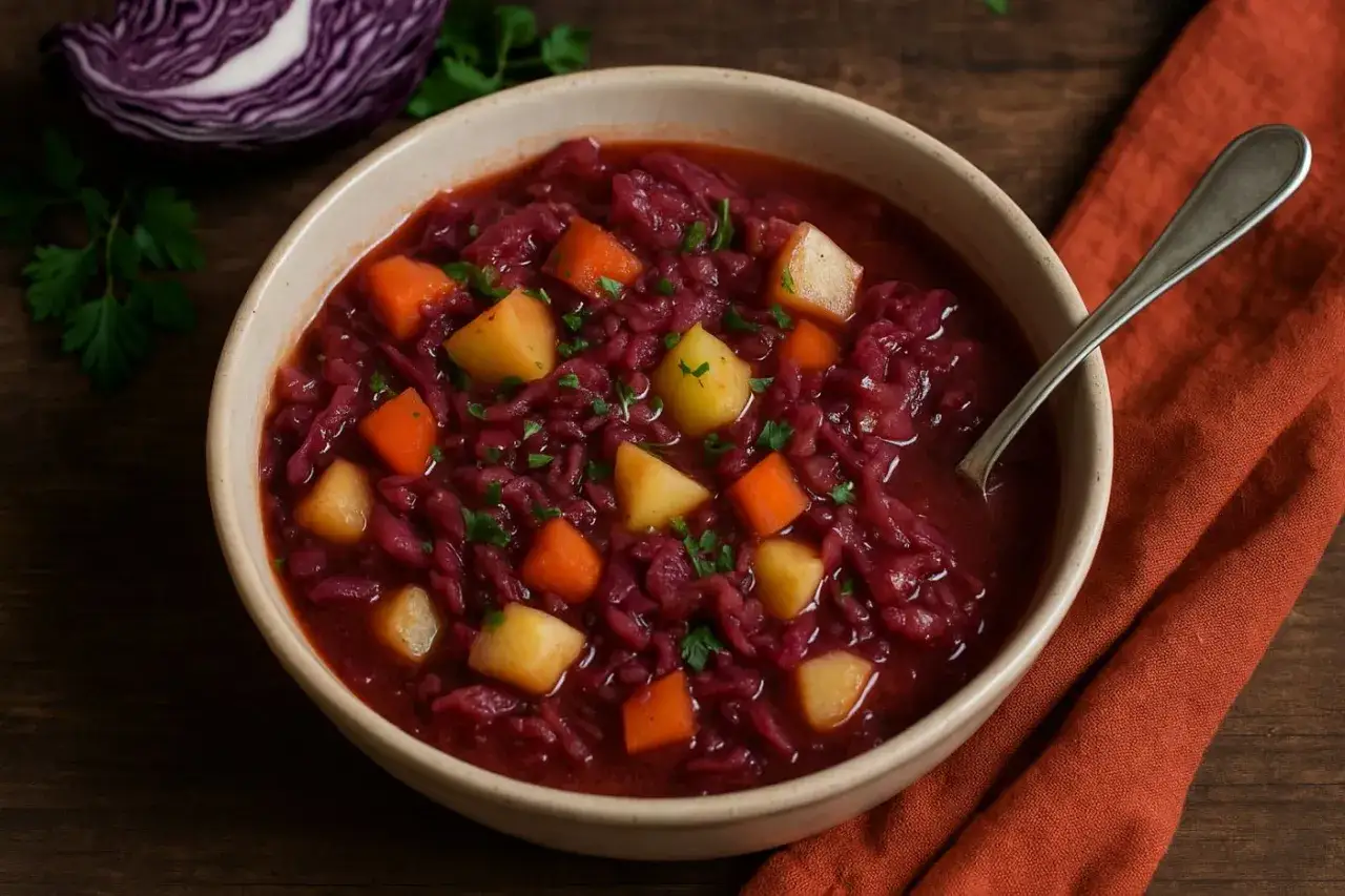 Schüssel mit klassischem Rotkohl-Eintopf, wie ihn Oma zubereitete, mit Kartoffeln und Karotten.