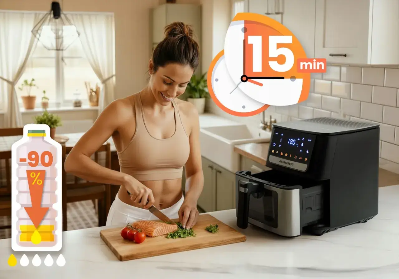Kobieta przygotowuje zdrowy posiłek, a obok stoi najlepszy air fryer, który pozwala na gotowanie z 90% mniejszą ilością tłuszczu w 15 minut.