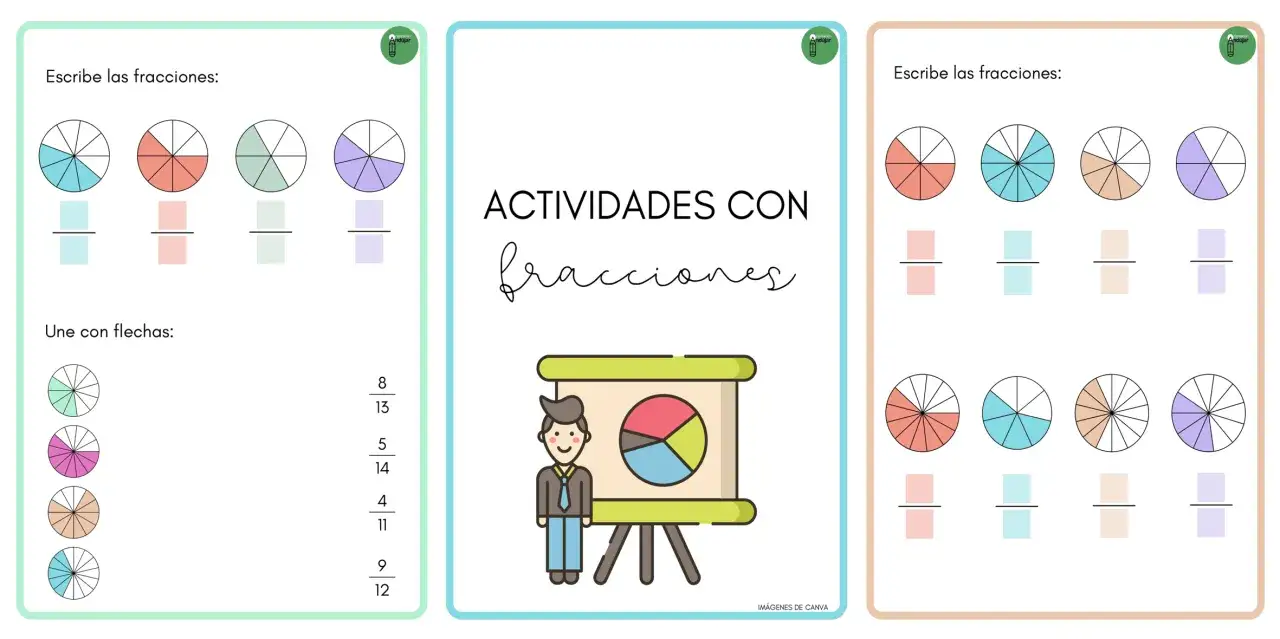Ficha de actividades para 4&ordm; de primaria sobre fracciones. Incluye ejercicios para escribir fracciones a partir de gr&aacute;ficos y unir fracciones con flechas.