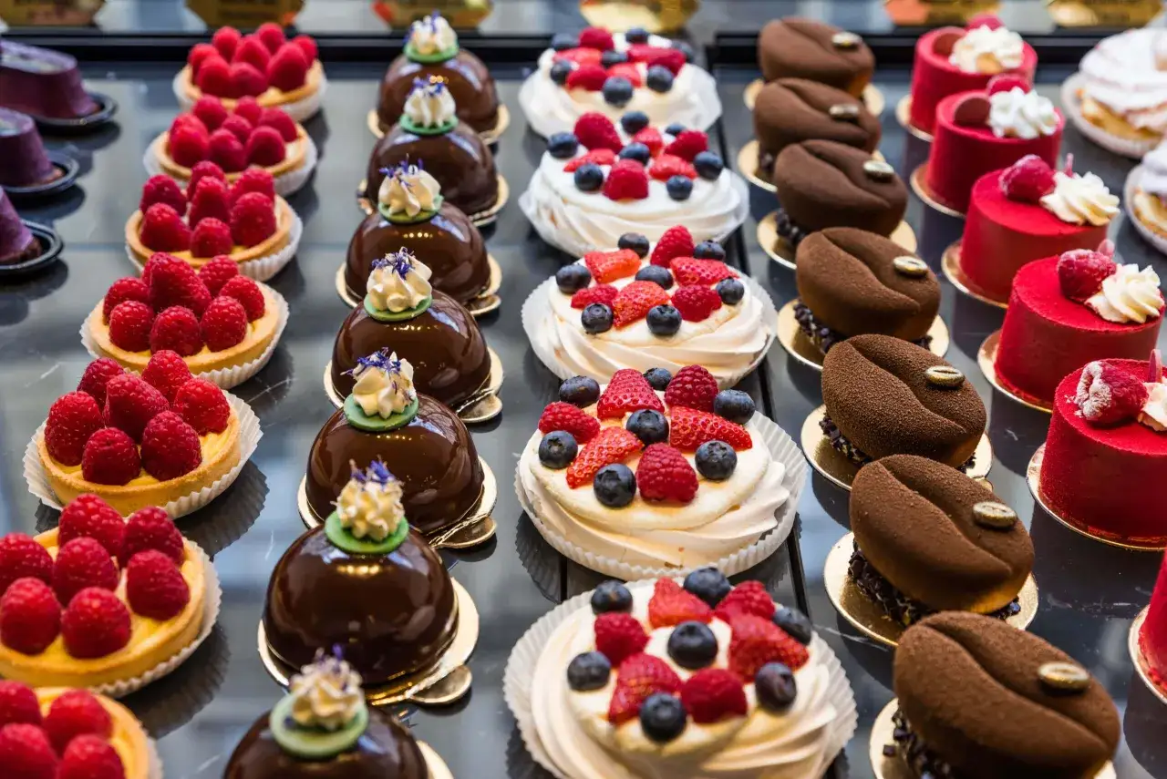 Un assortiment de p&acirc;tisseries fines pour un go&ucirc;ter parfait : tartelettes aux framboises, mousses au chocolat, pavlovas aux fruits rouges et petits g&acirc;teaux rouges vifs.