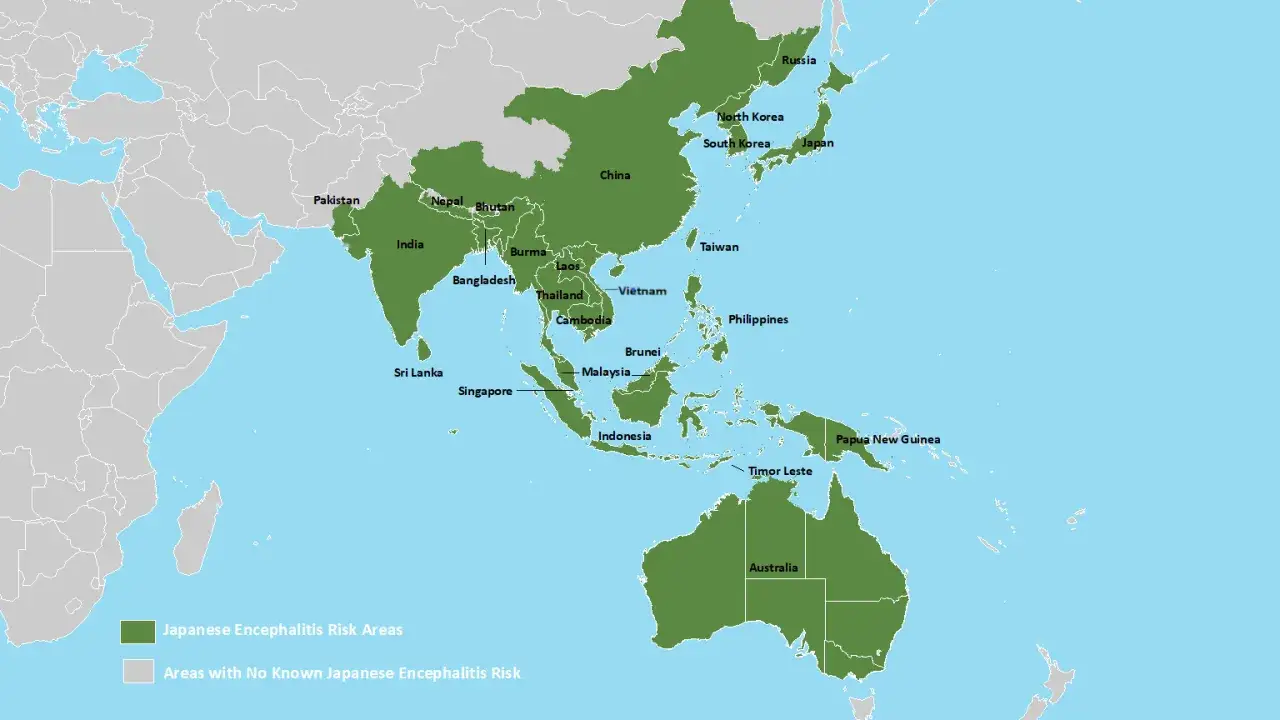 Karte zeigt Risikogebiete f&uuml;r japanische Enzephalitis in Asien, einschlie&szlig;lich Thailand.