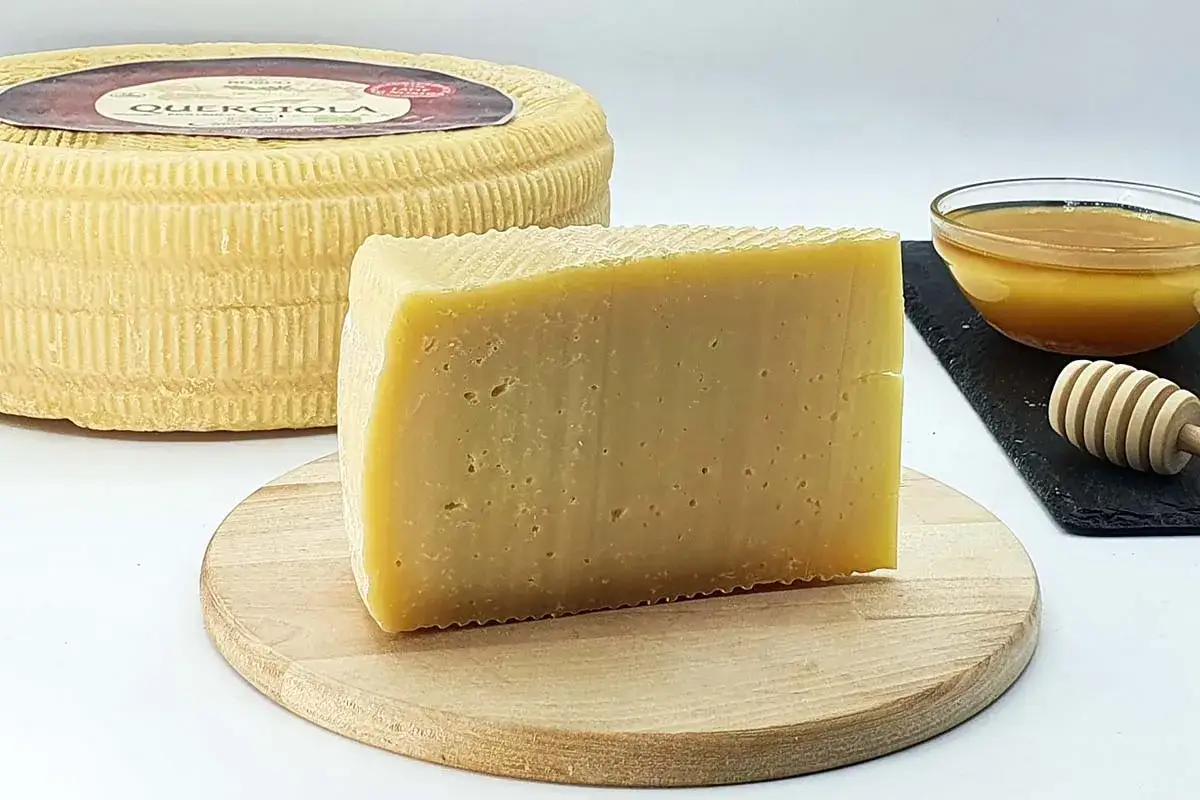 Un pezzo di formaggio stagionato, ricco di grasso del latte, accanto a una ciotola di miele dorato.