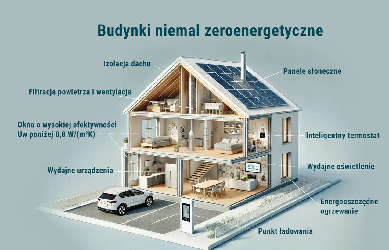 Przekrój domu zeroenergetycznego z panelami słonecznymi, izolacją, energooszczędnymi oknami i inteligentnym ogrzewaniem.