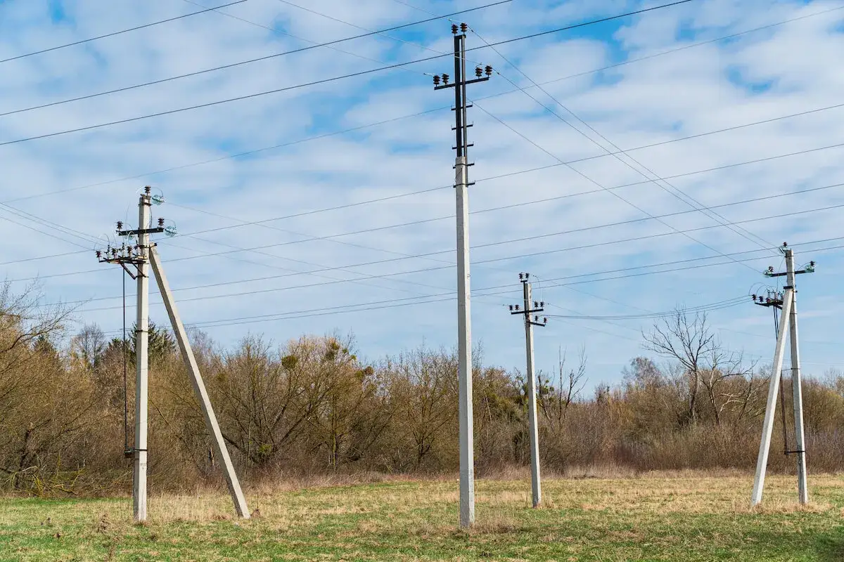 Słupy energetyczne na łące, z przewodami biegnącymi przez niebo. Rozważasz stawki za służebność przesyłu prądu?