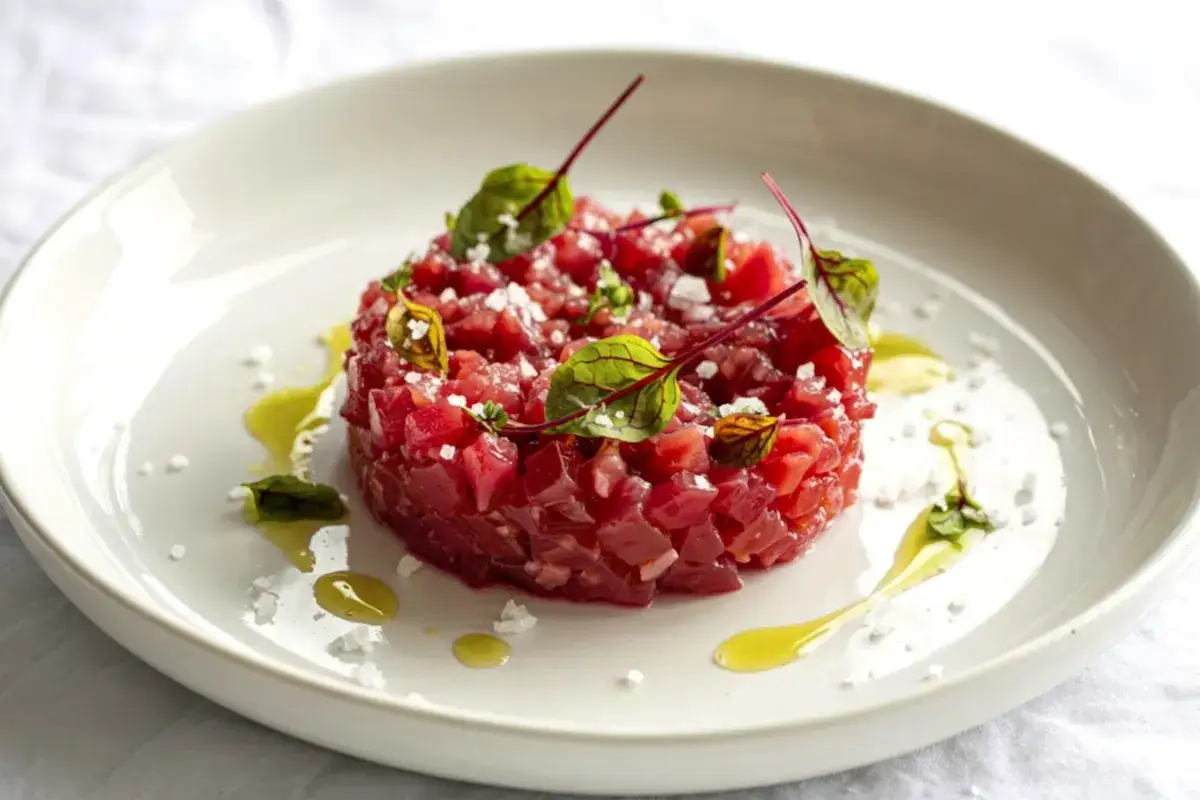 Tartare di manzo finemente tritata, guarnita con erbe fresche, sale grosso e un filo d'olio d'oliva su un piatto bianco.