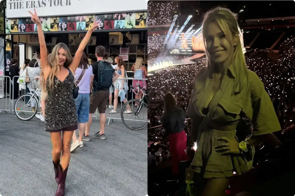 Fanka w błyszczącej sukience i kowbojkach przed The Eras Tour. W środku, uśmiechnięta na koncercie Taylor Swift, wśr&oacute;d rozświetlonej publiczności.