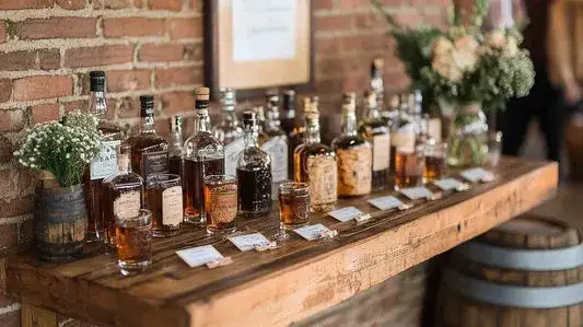 różne butelki whisky na tle weselnym