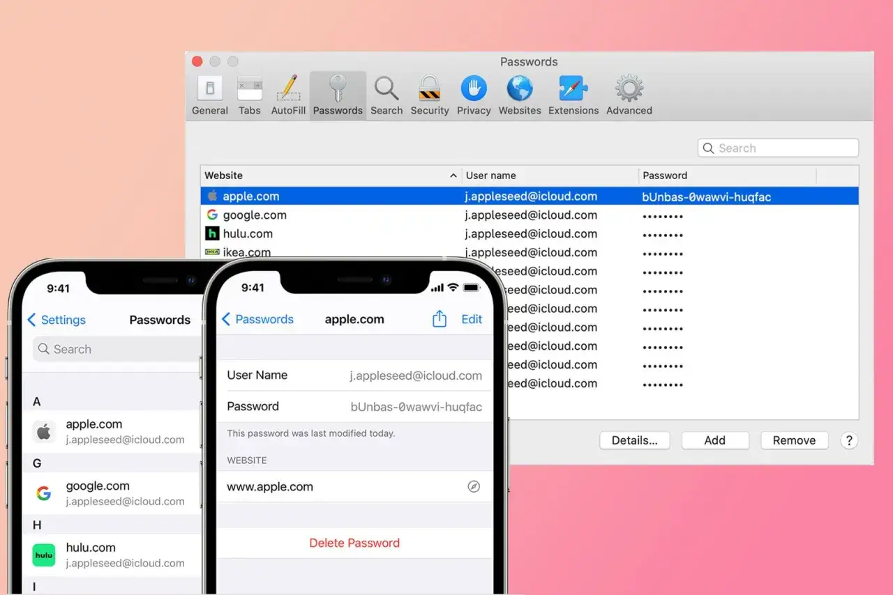 Pęk kluczy iPhone i Maca pokazuje zapisane hasła do stron internetowych, w tym do apple.com.