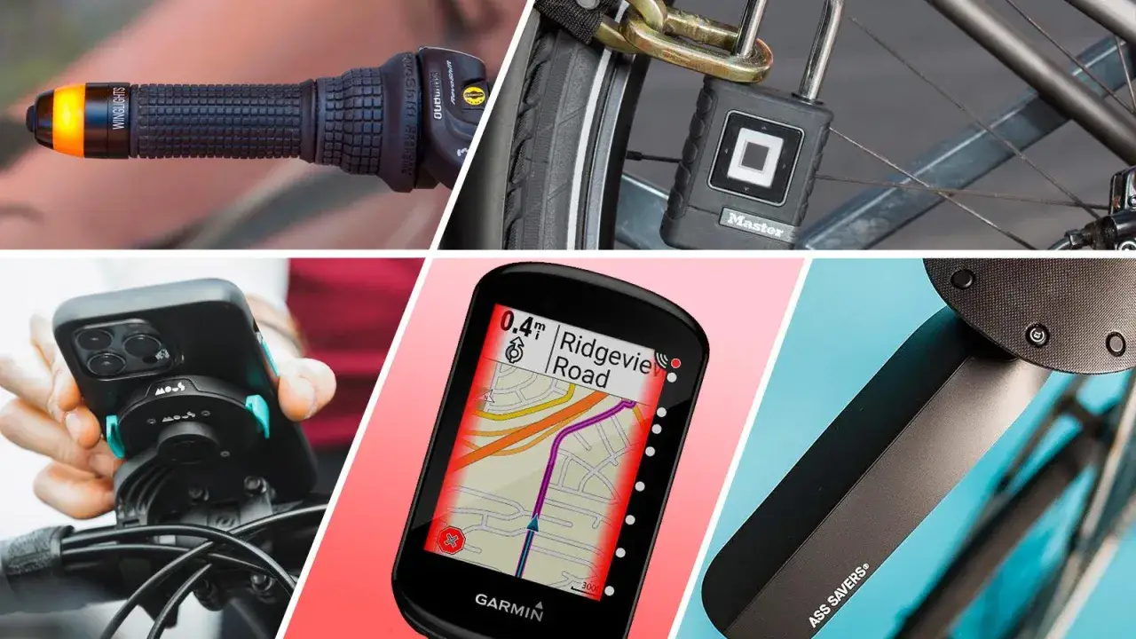 Nowoczesne gadżety do roweru: chwyt z lampką, blokada, uchwyt na telefon, nawigacja Garmin i błotnik.