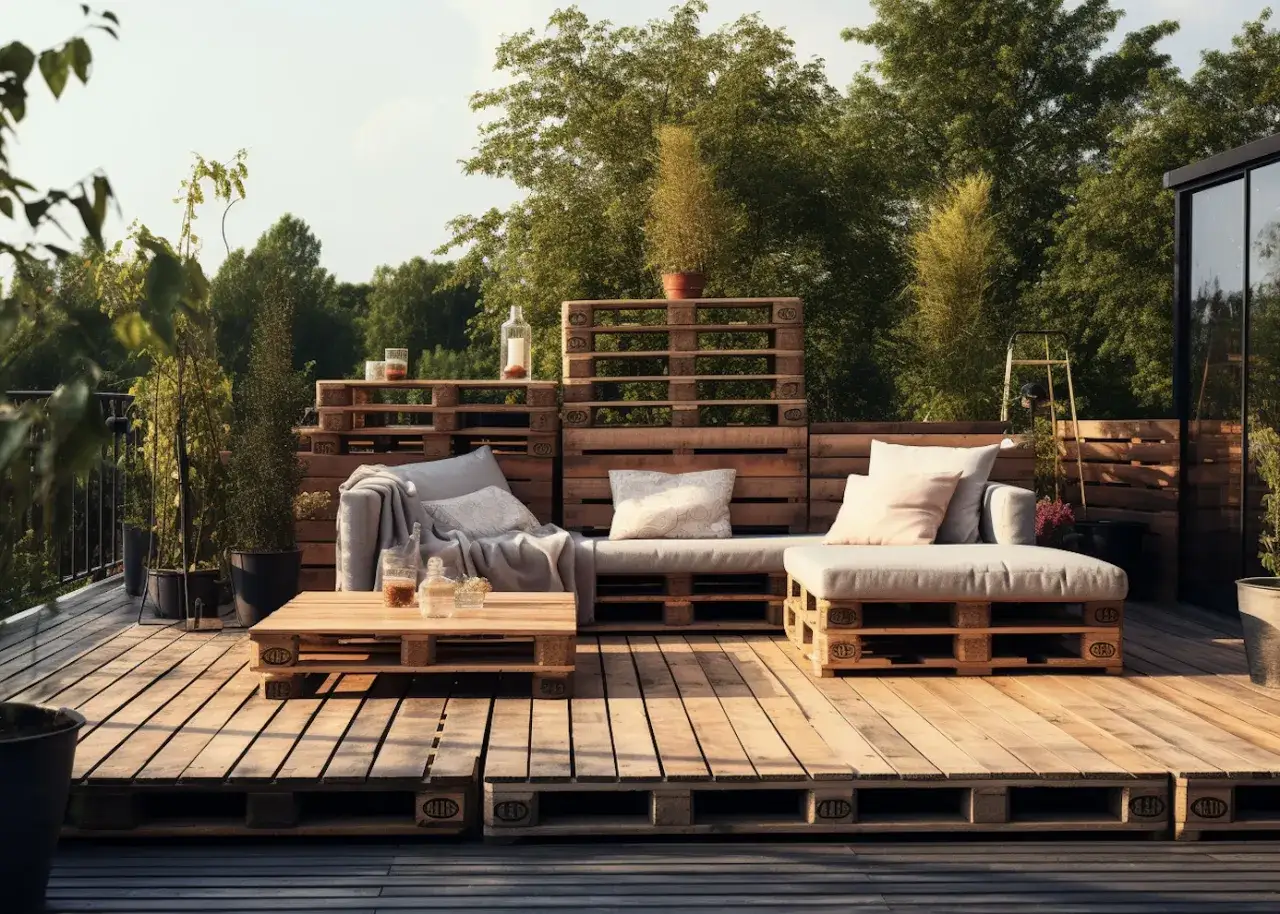 Am&eacute;nagement d'une **terrasse en palette** avec canap&eacute;, table basse et coussins confortables, entour&eacute;e de verdure.