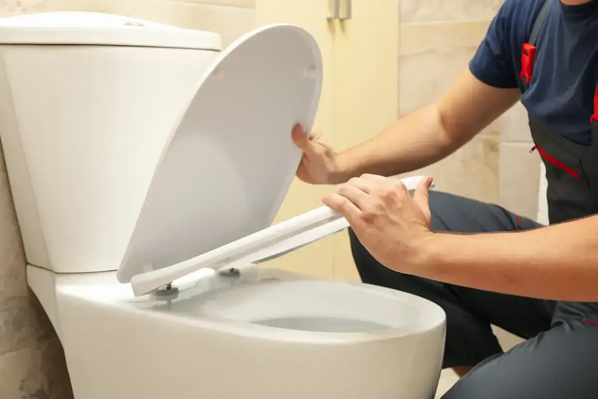Un plombier en salopette commence à démonter la cuvette de toilette.