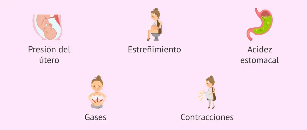 Ilustraciones de causas comunes de dolor abdominal en el embarazo: presión uterina, estreñimiento, acidez, gases y contracciones.