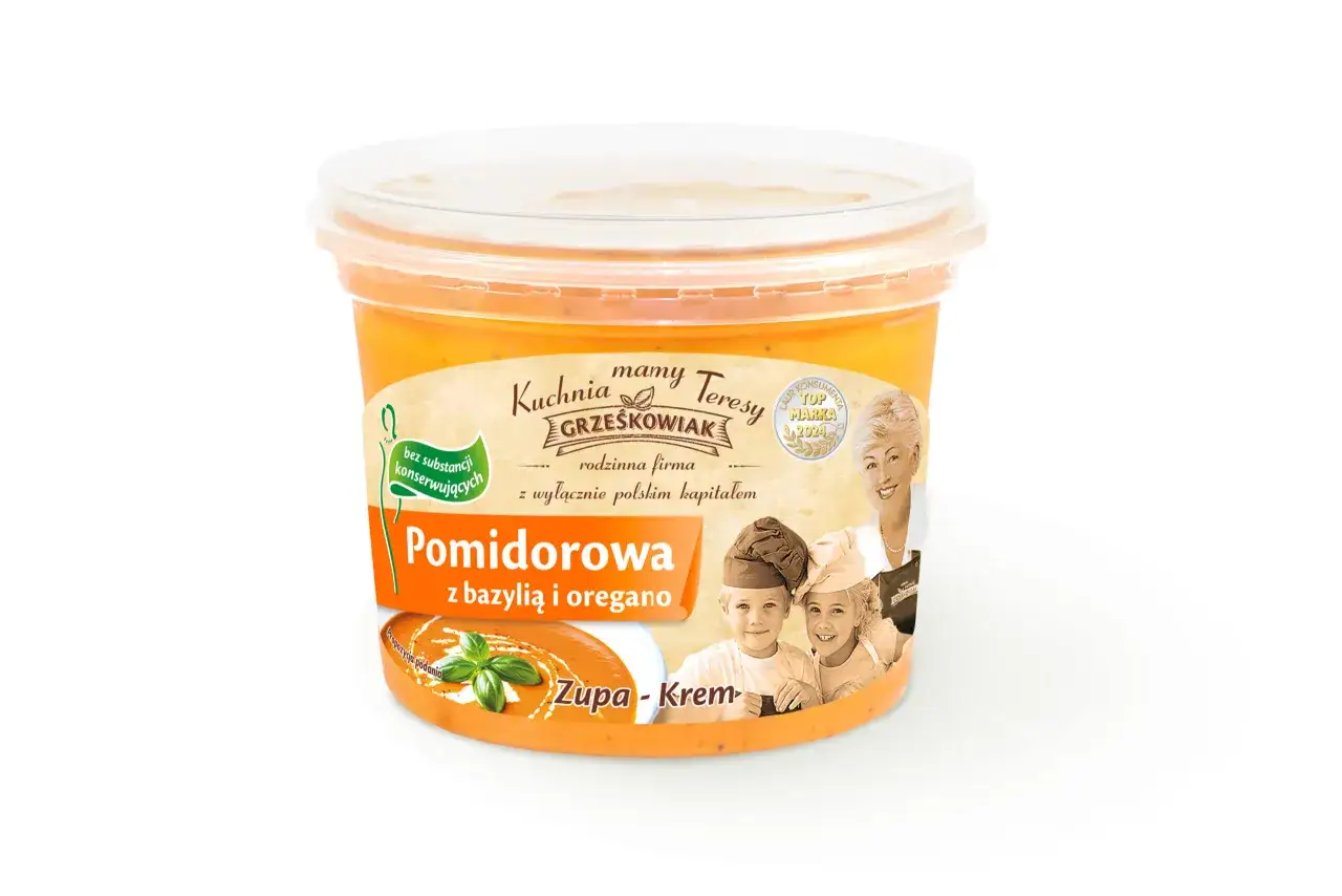 Zupa krem z pomidorów z bazylią i oregano od mamy Teresy Grześkowiak. Idealna na szybki obiad, z dodatkiem grzanek.