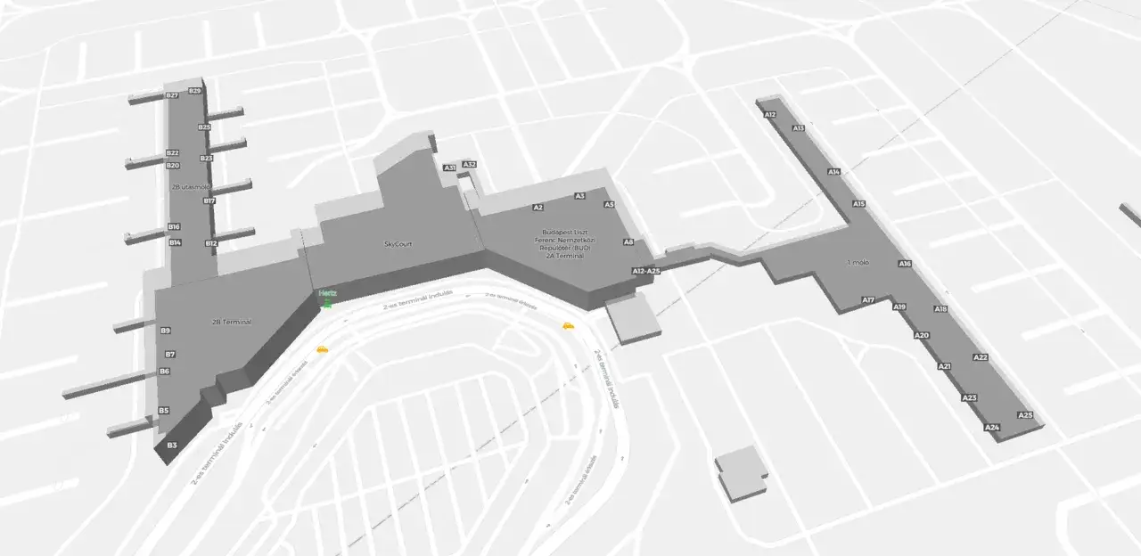 Mapa lotniska w Budapeszcie (BUD) z terminalami 2A i 2B. Informacje o tym, jak dojechać z lotniska w Budapeszcie do centrum, są dostępne na mapie.