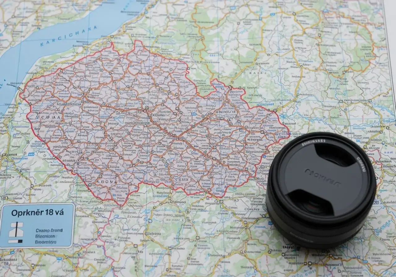 Mapa Czech z zaznaczonymi autostradami. Obok leży obiektyw, sugerując podróż i planowanie trasy z uwzględnieniem opłat drogowych.