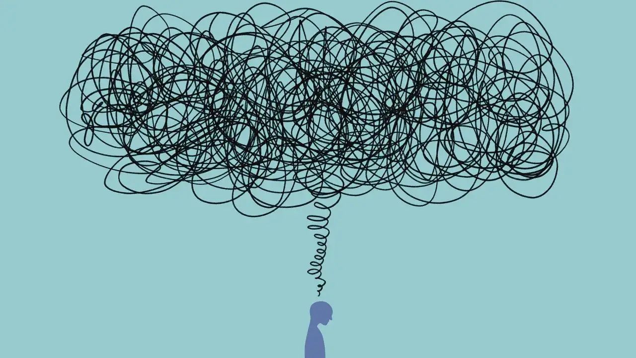 Una silueta azul con una maraña de pensamientos negros sobre su cabeza, ilustrando el significado de darle vueltas a las cosas.
