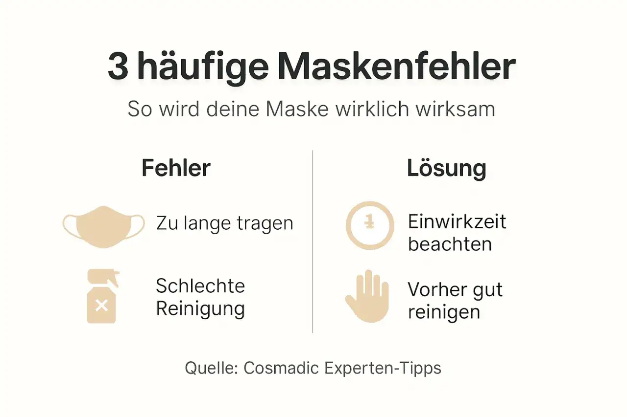 3 häufige Maskenfehler: Zu lange tragen & schlechte Reinigung. Beachte die Einwirkzeit und reinige vorher gut, um die Maske wirksam zu nutzen.