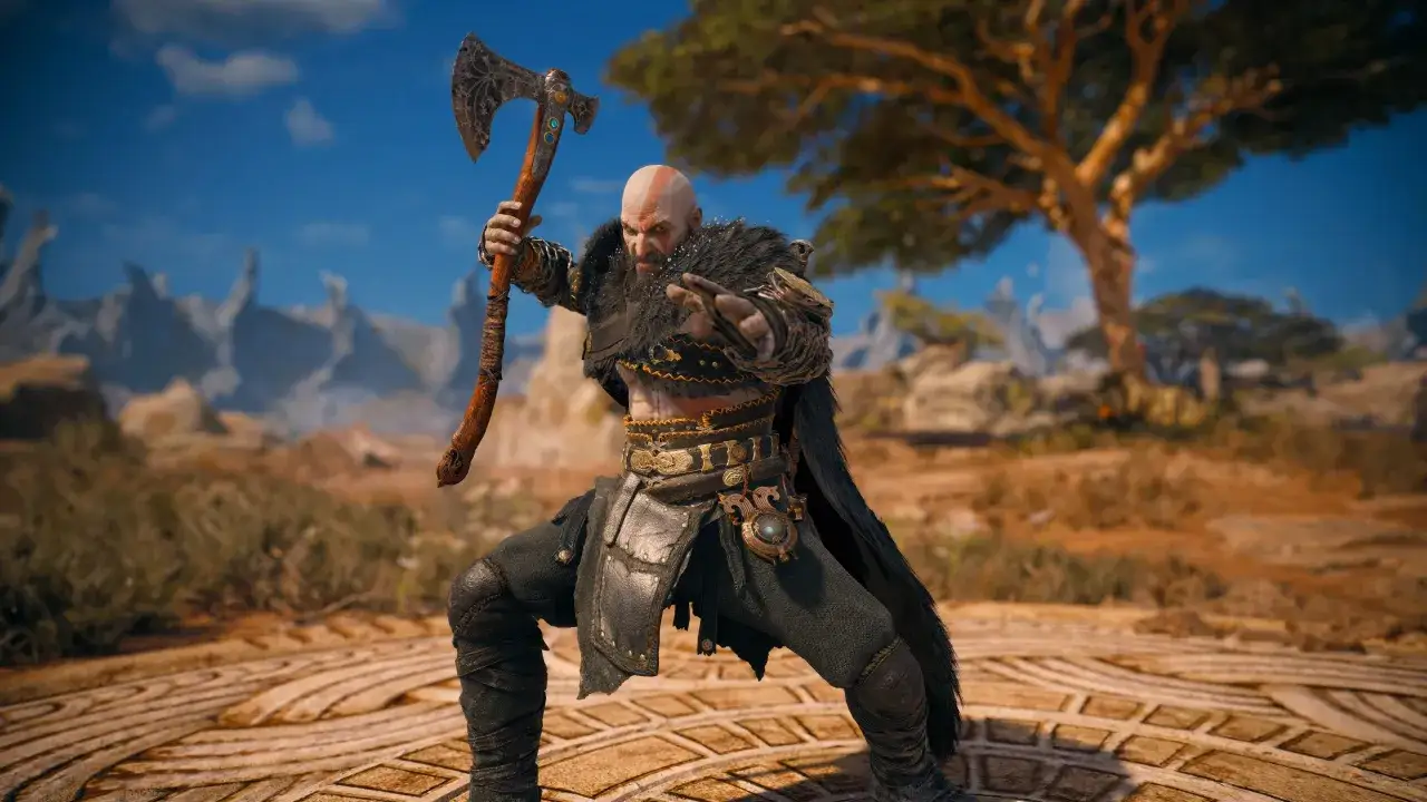 Kratos z toporem w ręku, gotowy do walki w świecie inspirowanym **God of War 2018**.