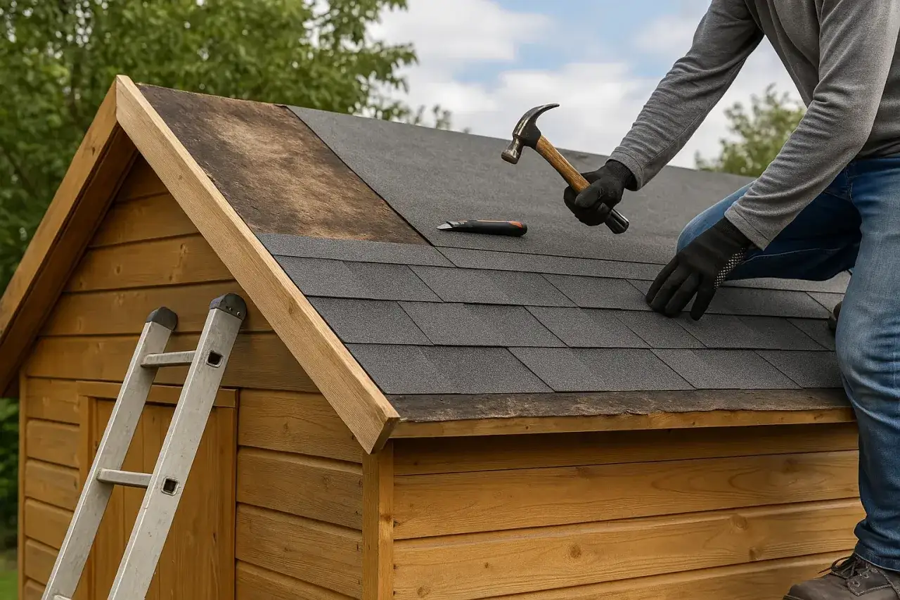 Mann dichtet Gartenhaus Dach mit Dachpappe ab. Hammer und Cutter liegen bereit.