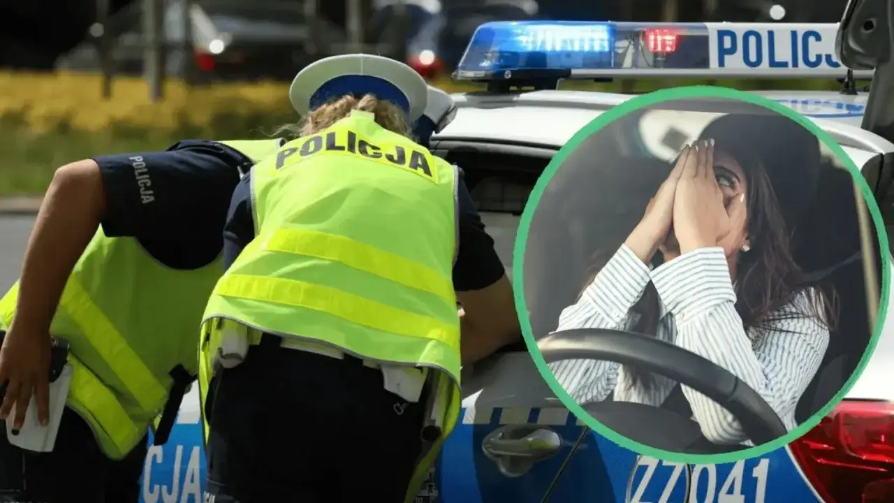 Policjanci przy radiowozie. W okręgu kobieta za kierownicą z rękami na twarzy, symbolizująca **zabranie prawa jazdy za alkohol**.