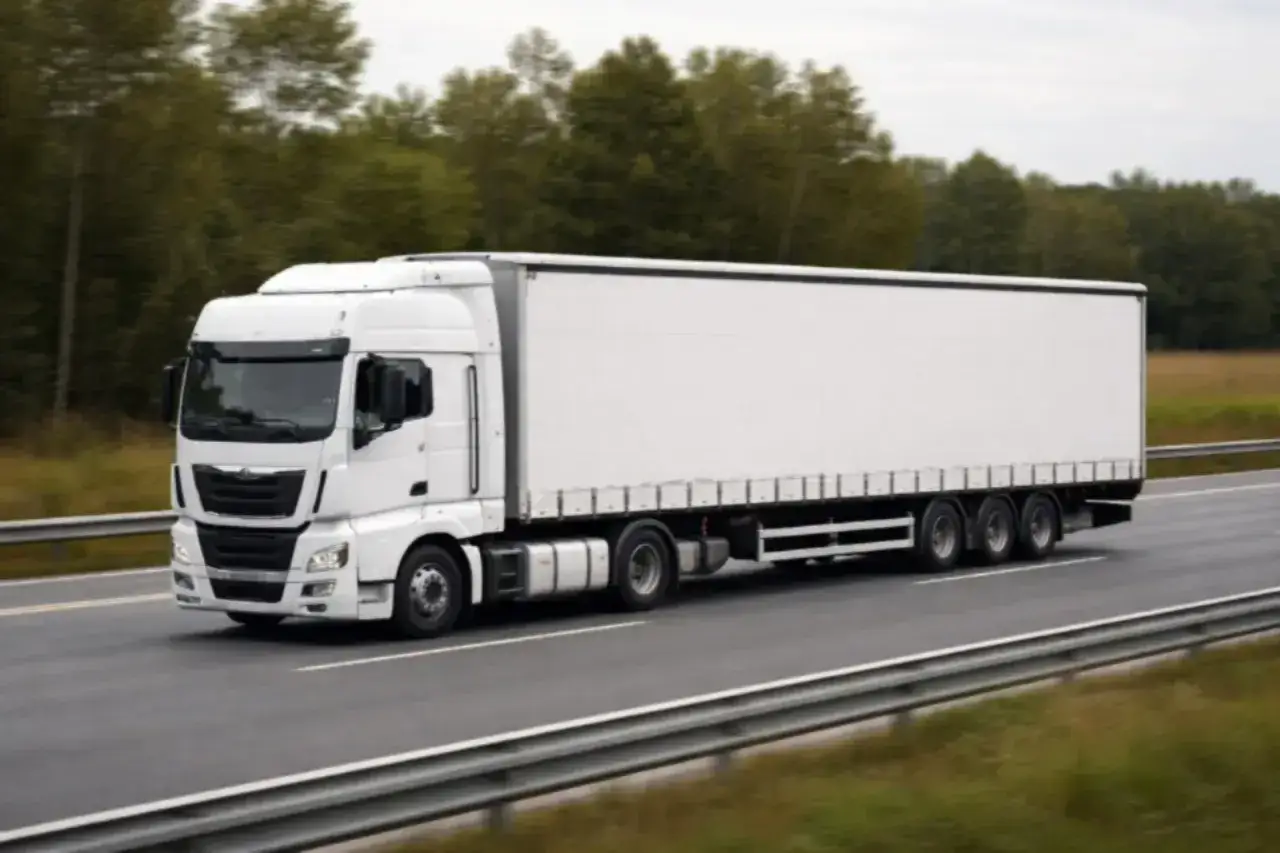 Biały tir z naczepą jedzie po drodze. Ile osi ma tir? Ten ma ich sześć.