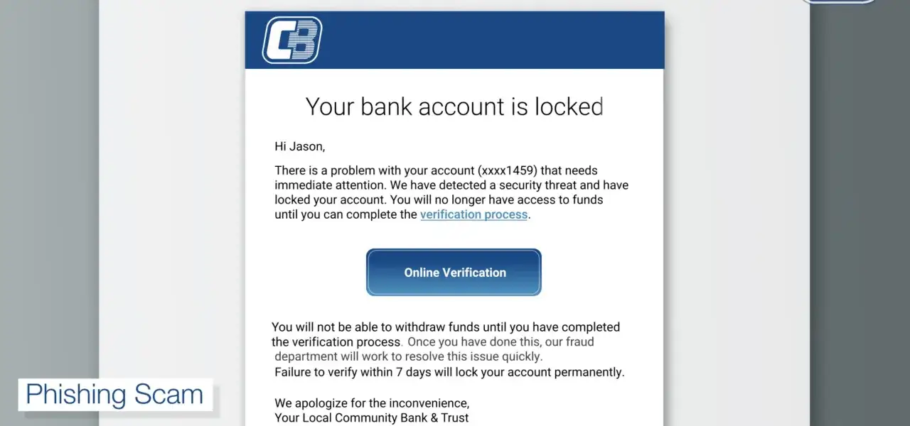 Betrugsversuch: E-Mail mit gef&auml;lschter Banknachricht, die zur Online-Verifizierung auffordert. Dies ist ein Beispiel f&uuml;r Phishing.