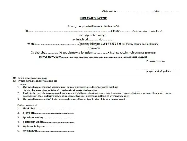 Dokument usprawiedliwienie nieobecności sąd
