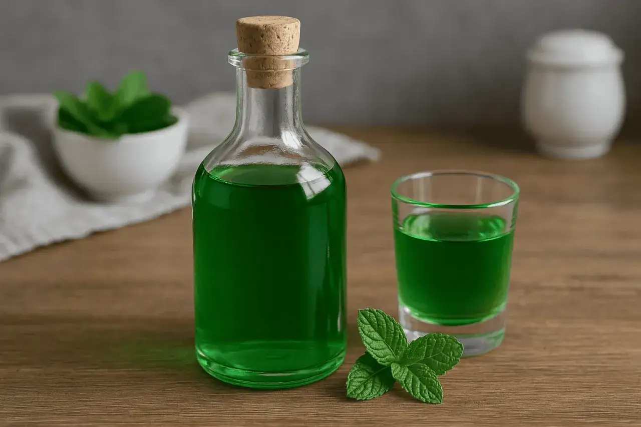Butelka i kieliszek z zielonym likierem miętowym, idealnym do domowego Creme de Menthe. Świeże listki mięty podkreślają jego aromat.
