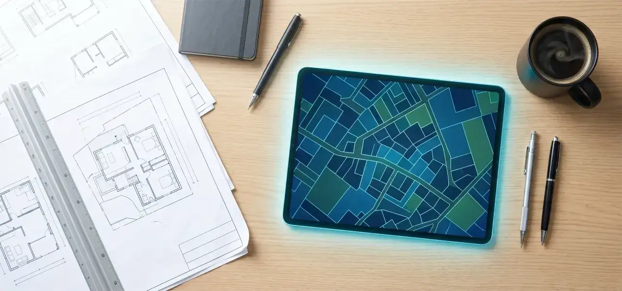 Na biurku leżą plany architektoniczne, tablet z mapą działek i przybory. To idealne miejsce, by dowiedzieć się, jak sprawdzić kto jest właścicielem działki.