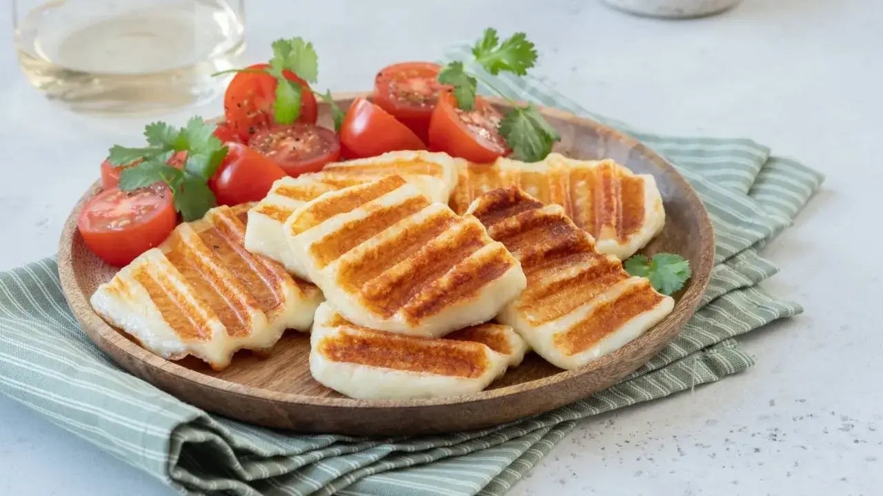 Grillowany ser halloumi z pomidorkami koktajlowymi i kolendrą. Idealne na szybkie przepisy.