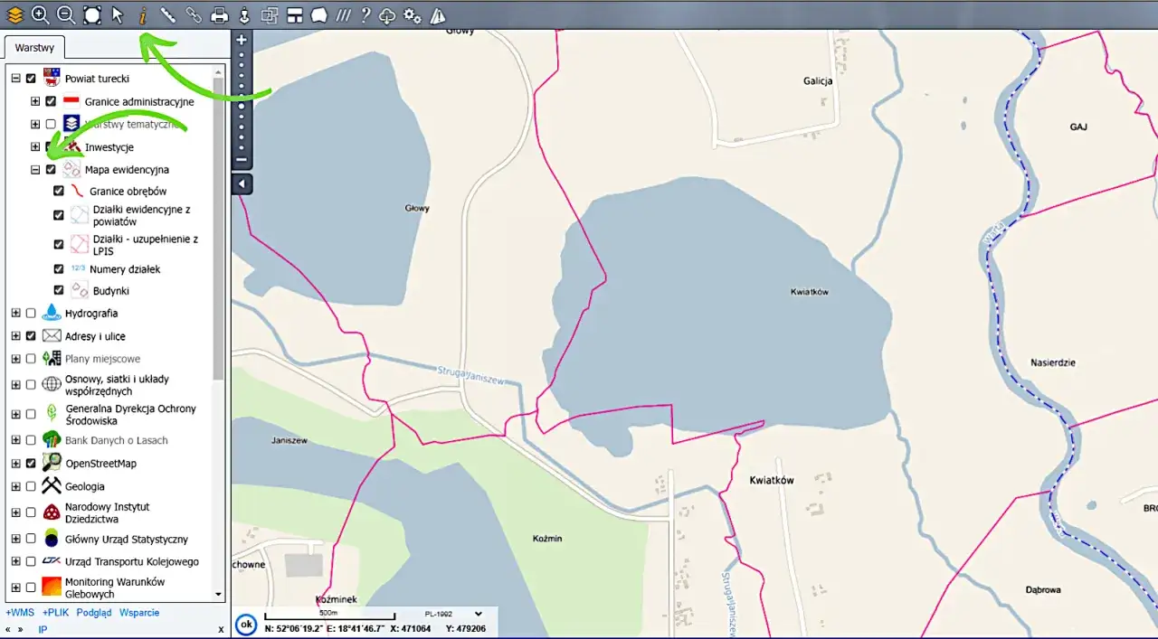 Różne rodzaje map widoczne w panelu warstw: granice administracyjne, inwestycje, mapa ewidencyjna, hydrografia, adresy, plany miejscowe, geologia.