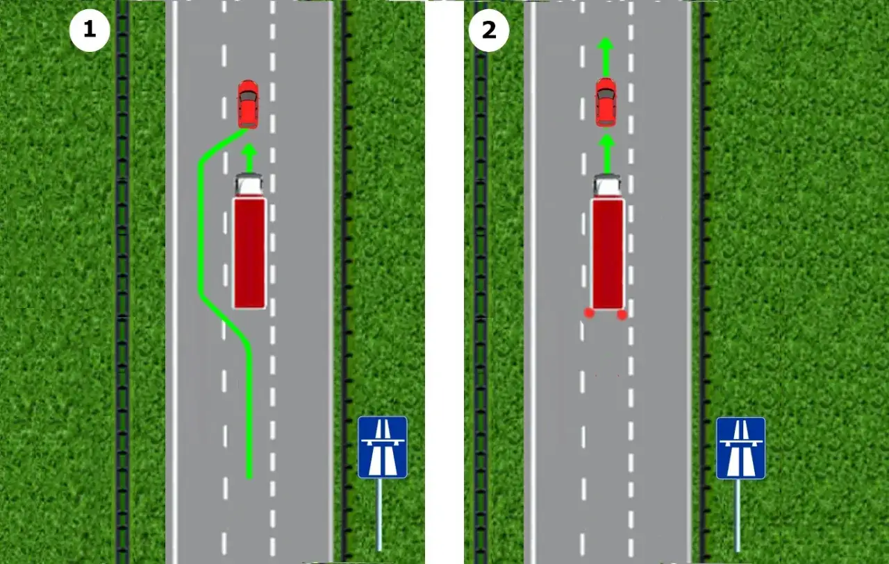 Dwa scenariusze na autostradzie: 1. Samoch&oacute;d osobowy wykonuje niebezpieczny manewr wyprzedzania, zajeżdżając drogę ciężar&oacute;wce. 2. Bezpieczny odstęp na autostradzie między pojazdami.