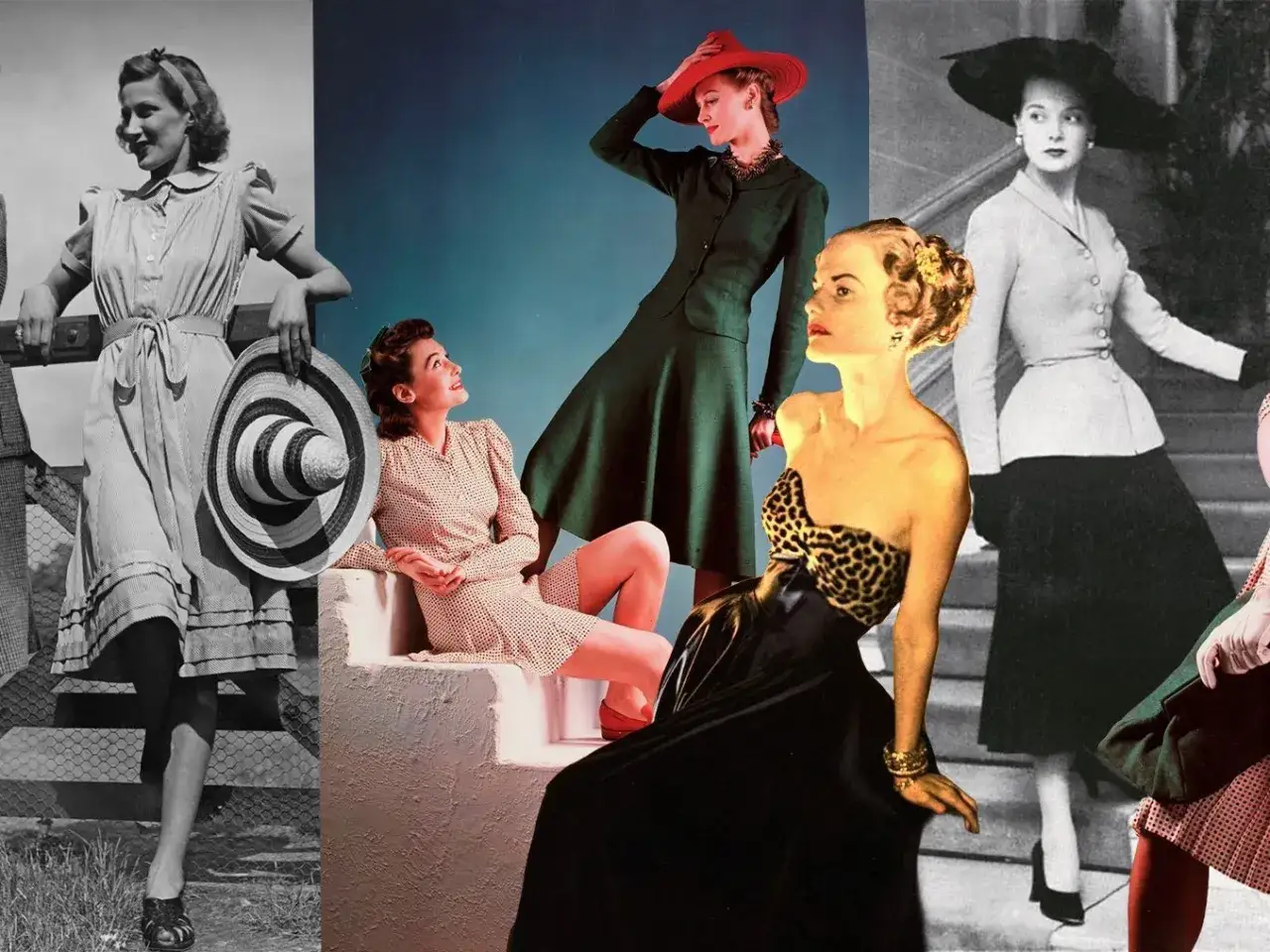 Kobiety w stylowych kreacjach, kapeluszach i sukienkach. Ikony mody lat 40. prezentują elegancję i szyk.