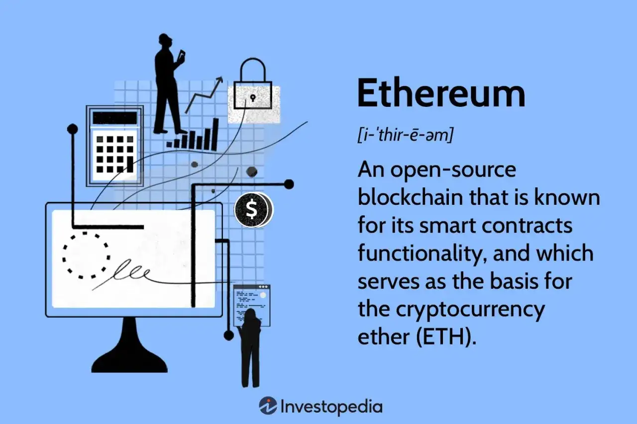 Illustration zeigt die ethereum blockchain mit Symbolen für Finanzen und Sicherheit.
