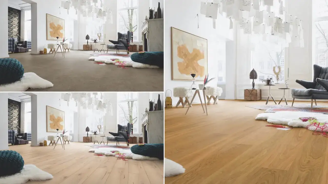 Heller Boden, weiße Wandfarbe. Ein gemütliches Wohnzimmer mit modernem Boden und stilvoller Einrichtung.
