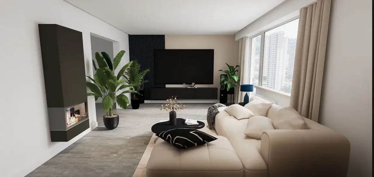 Modernes wohnzimmer gestalten mit Kamin, großem Sofa, Pflanzen und Blick auf die Stadt.