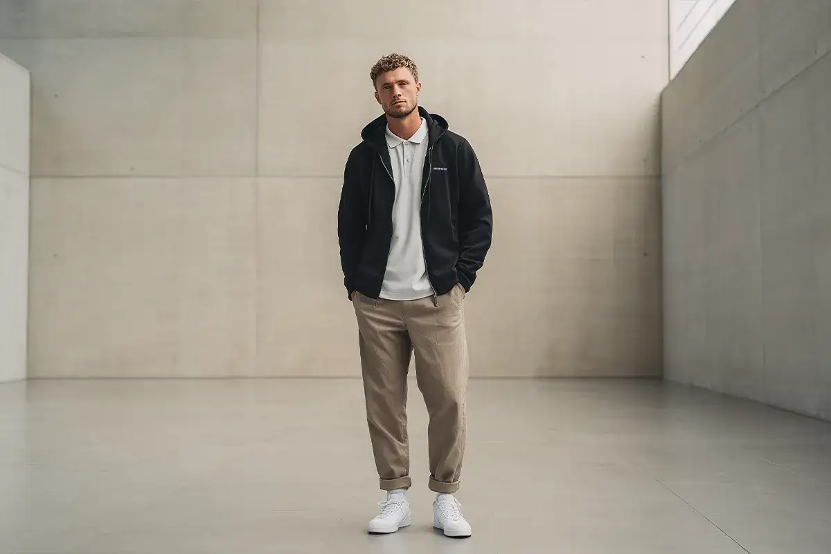 mężczyzna w bluzie crewneck i koszulce polo