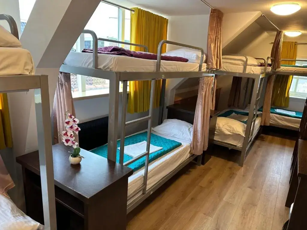 Wnętrze hostelu, pok&oacute;j wieloosobowy, recepcja