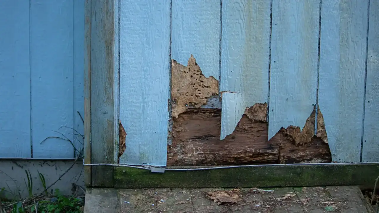 Damaged blue wood siding shows extensive rot and insect damage, indicating a need for wood siding repair.