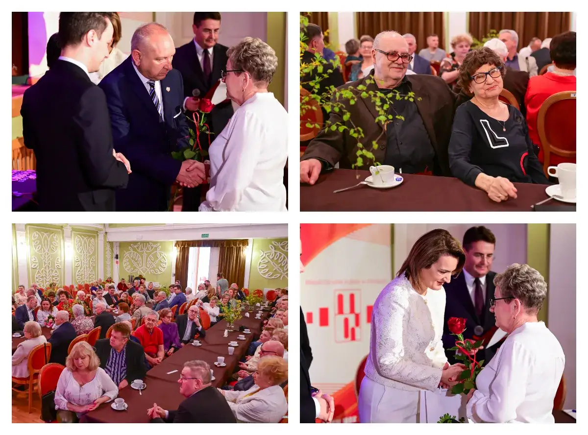 Uroczystość wręczenia kwiat&oacute;w i gratulacji. Widać parę świętującą złote gody, ile to lat wsp&oacute;lnego życia.