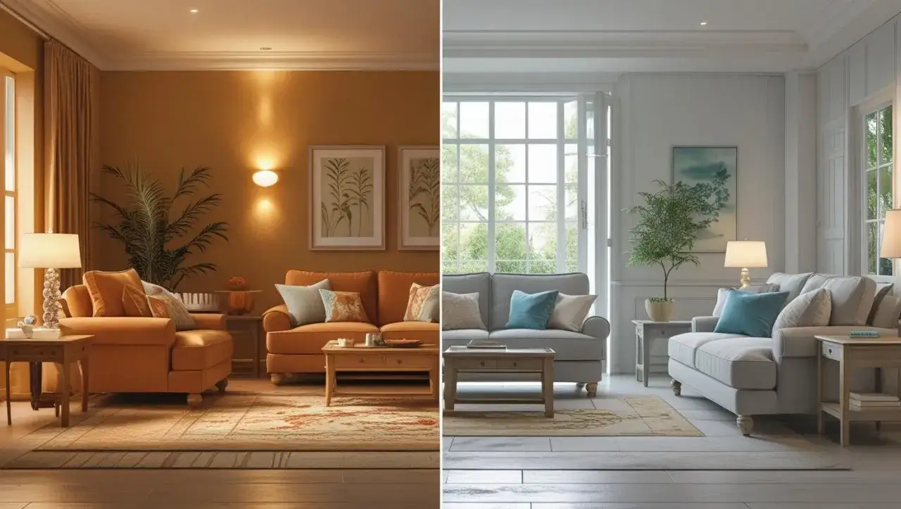 Zwei Wohnzimmer: eins in warmen Orangetönen, das andere in kühlen Weißtönen. Die Farben braun mischen sich in den Holzmöbeln und Teppichen.