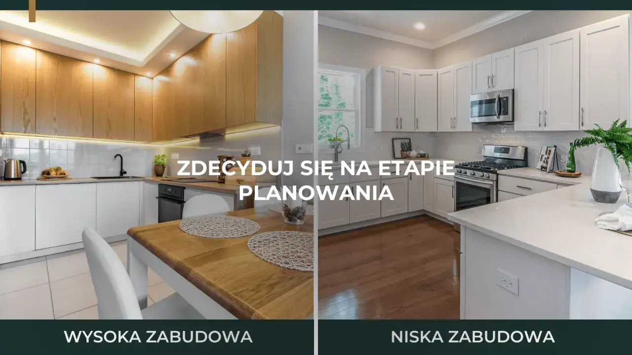 Remont kuchni od czego zacząć? Dwie wizje: wysoka zabudowa z drewnianymi frontami i niska zabudowa z białymi szafkami.
