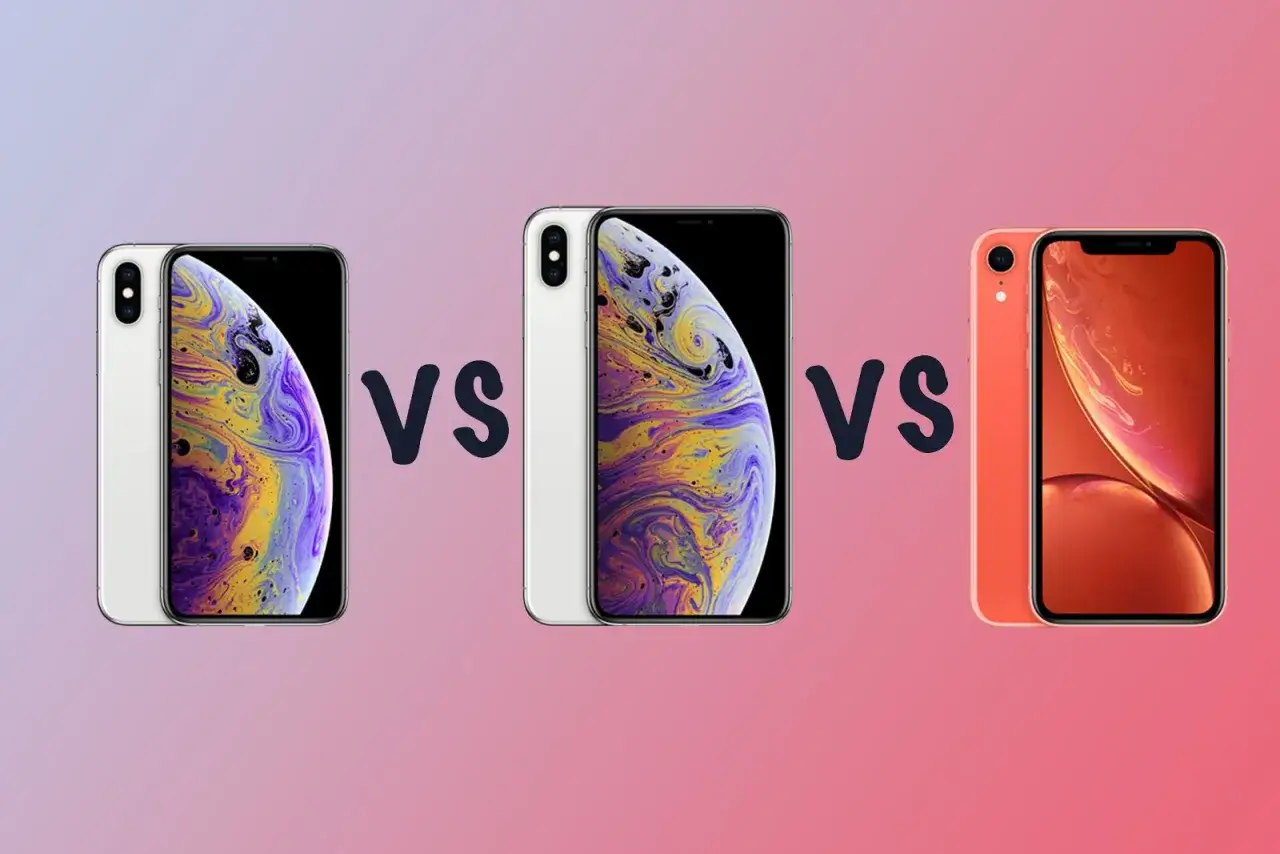 Jämförelse mellan iPhone XS och XR. Två vita iPhone XS bredvid varandra, med en orange iPhone XR på höger sida.