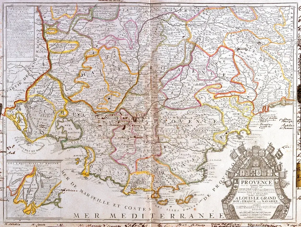 Stara mapa przedstawia prowansja miasta, w tym Marsylię i Awinion, z zaznaczonymi granicami i rzekami.